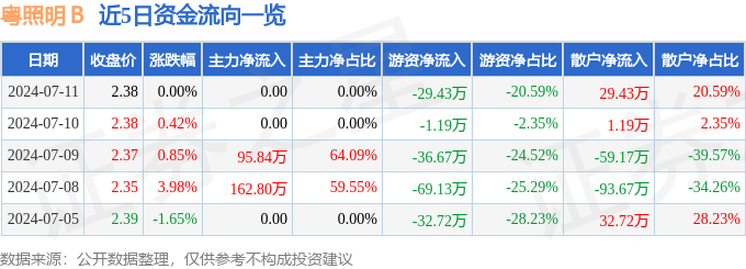 粤照明Ｂ（200541）7月11日游资资金净卖出2943万元(图1)